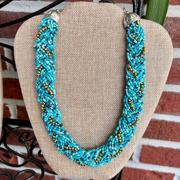 Vintage Turquoise and Gold Beaded Chocker Rope-Twist Beaded Necklace 19" - Picture 1 of 13